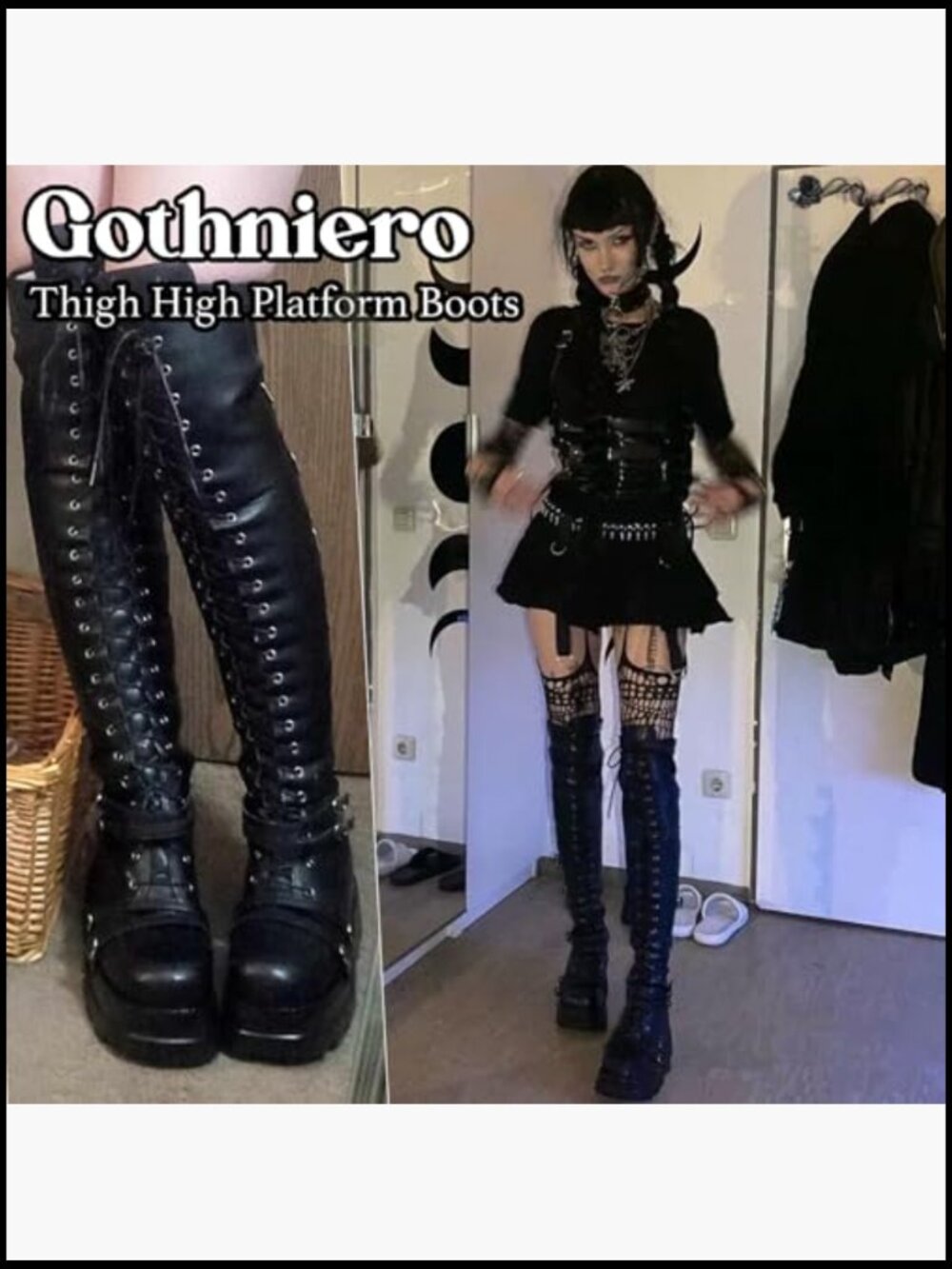 Over Knee Platform Boots Chunky Heel Lace Up Goth Motorcycle Boots with Side - Picture 4 of 7